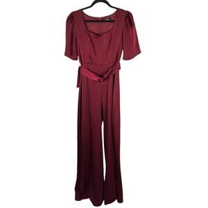 OnTwelfth Burgundy Belted‎ Wide Leg Jumpsuit XL Satin Puff Sleeve Formal